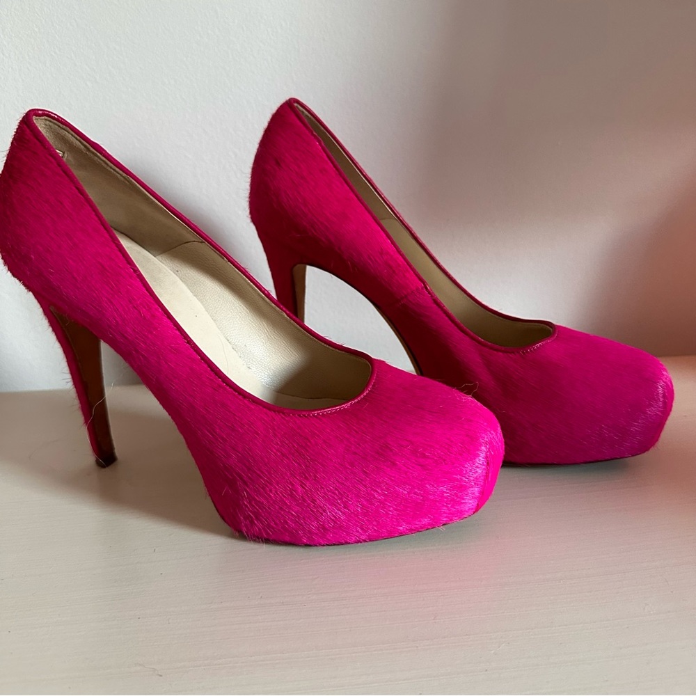 Bryan Atwood cow hide hot pink heels
